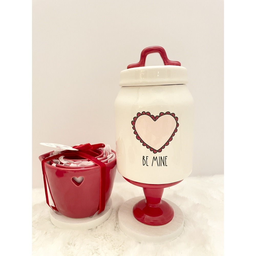Rae Dunn Valentines Day Baby Canister and Red Heart Cutout Measuring Cups NWT
